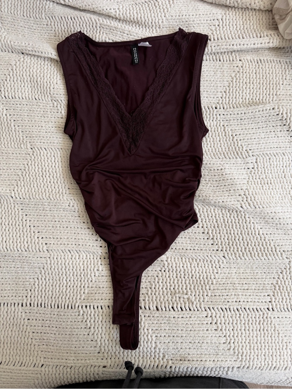 H&M Deep Plum Lace-Trim V-Neck Bodysuit